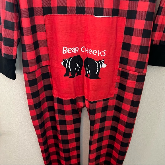 Lazy One Bear Cheeks Longjohn Flapjack Red Plaid Pajamas One Piece Women's M - Picture 6 of 7